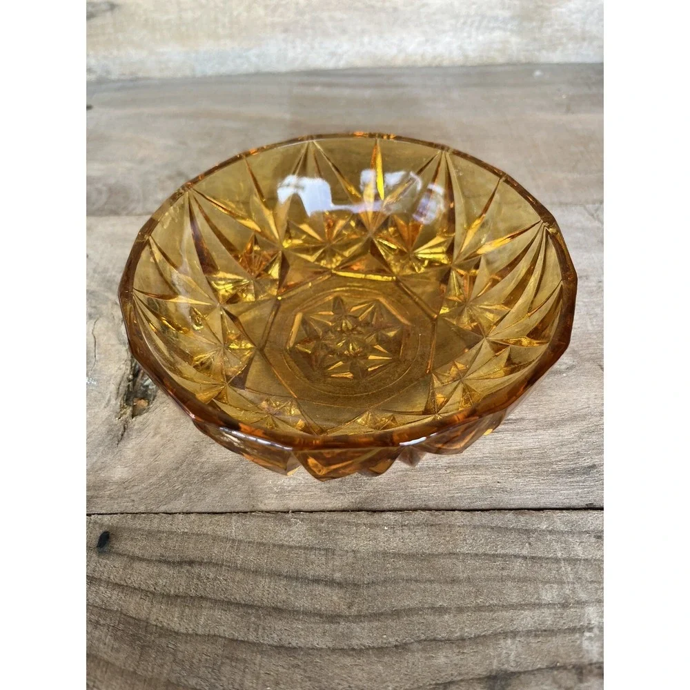 Vintage Amber  Round Cut Glass Candy, Nut Dish  1970s Trinket Dish Candy‎ Dish